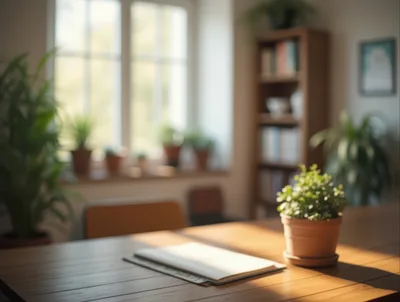 Potted Plant And Notebook On A Wooden Table