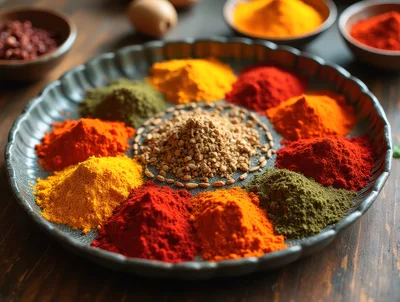Assorted Colorful Spices Arranged On A Decorative Platter