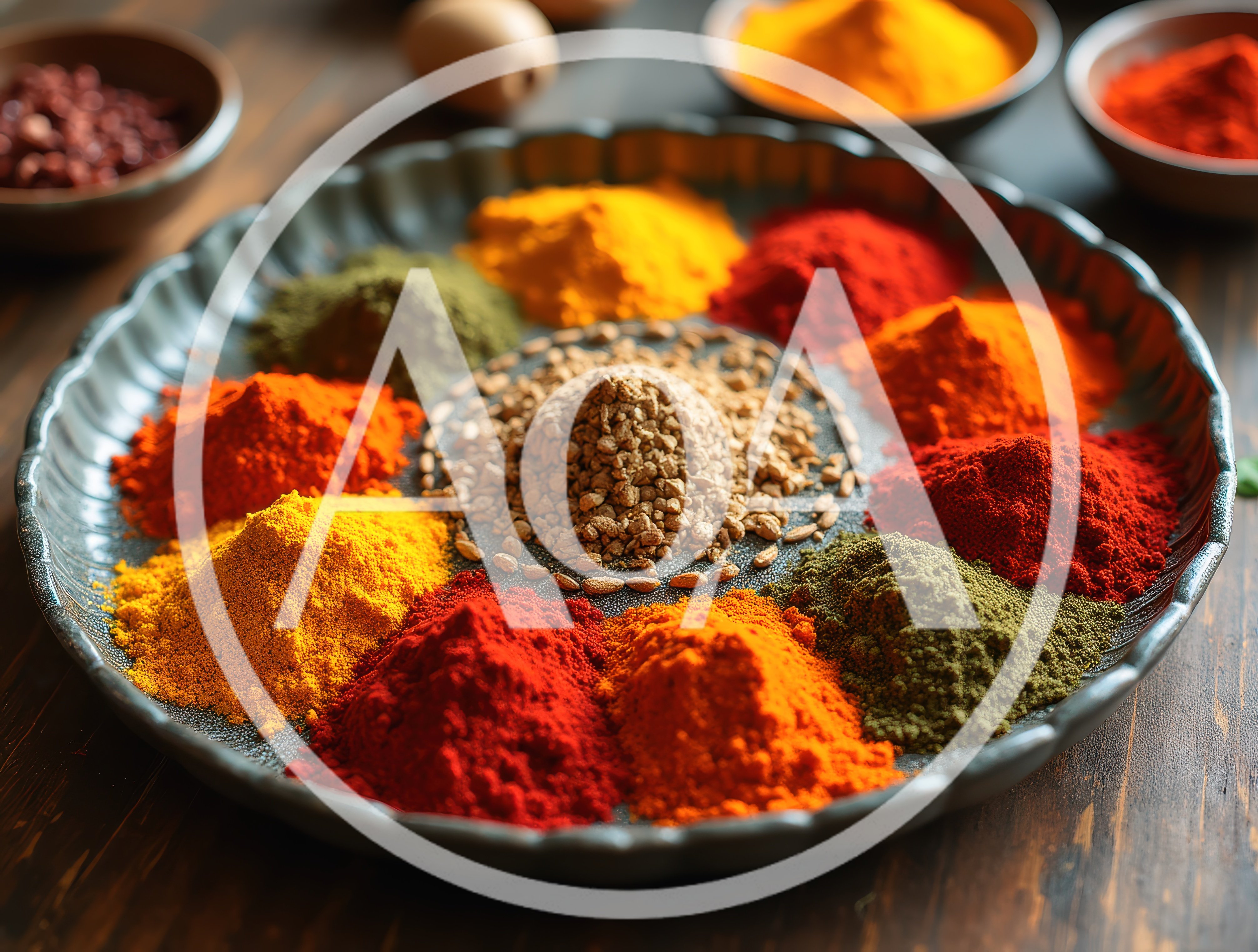 Assorted Colorful Spices Arranged On A Decorative Platter