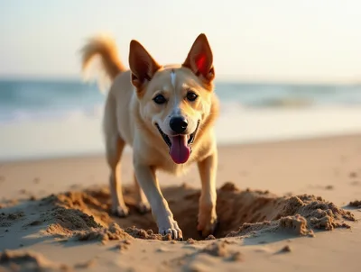 Happy Dog Digging A Hole On The Beach