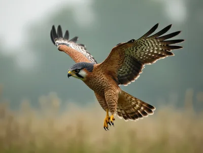 Aplomado Falcon In Flight Over Grassy Field