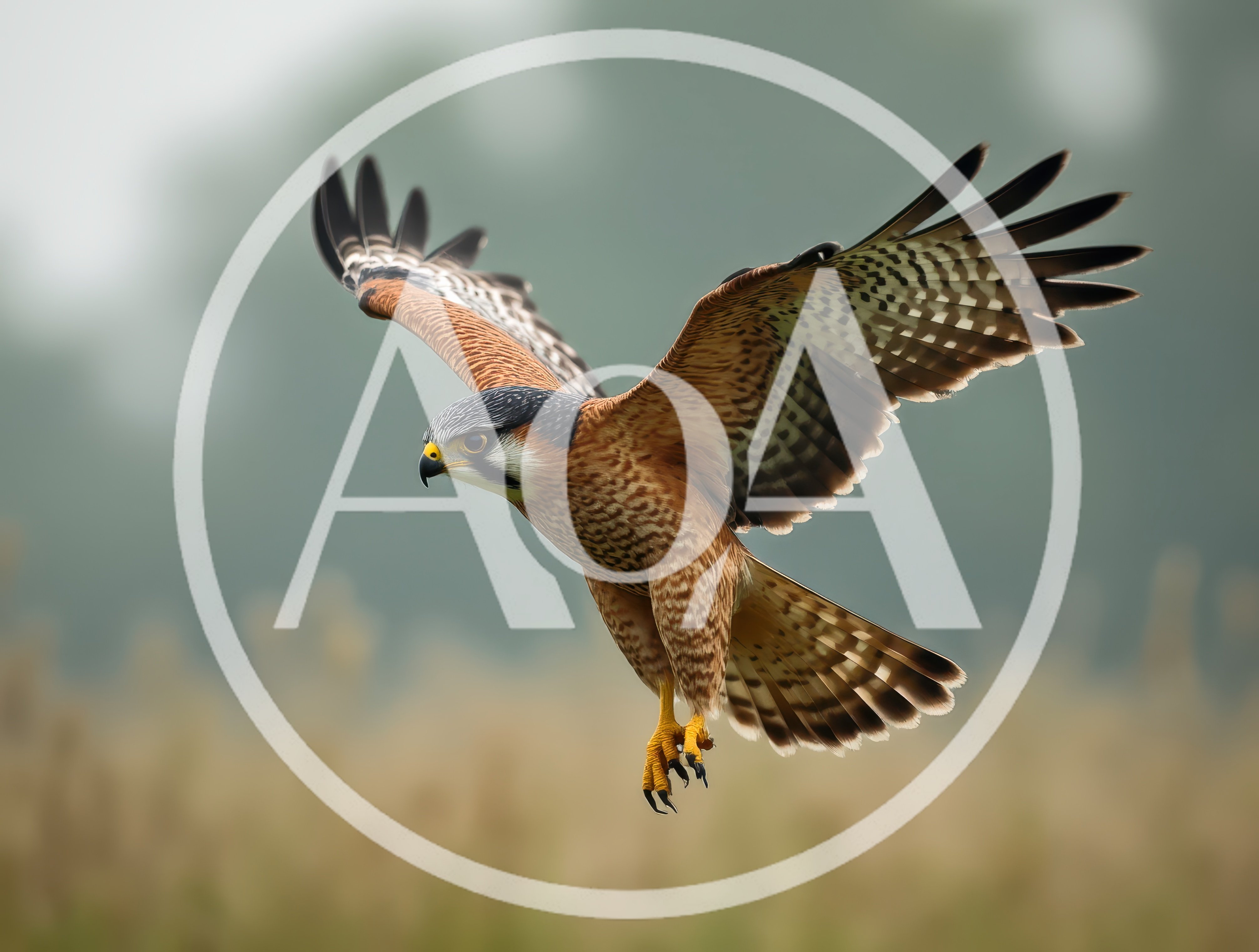 Aplomado Falcon In Flight Over Grassy Field