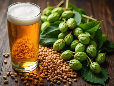 Glass Of Beer With Fresh Hops And Malt Grains