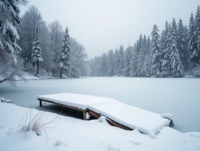 Snow Covered Wooden Pier On Frozen Lake