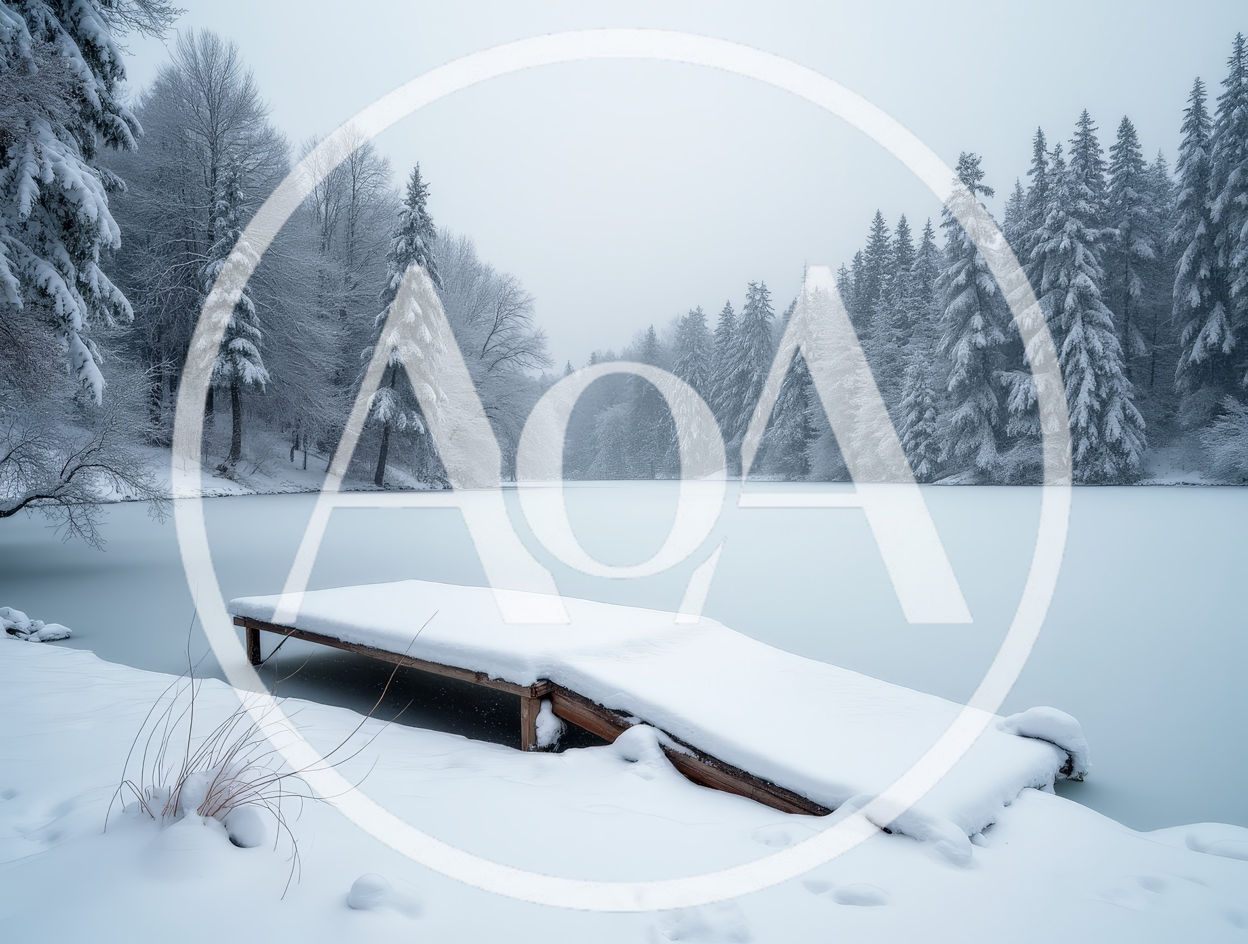 Snow Covered Wooden Pier On Frozen Lake