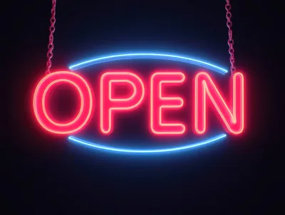 Glowing Red Neon Open Sign Hanging On Chains