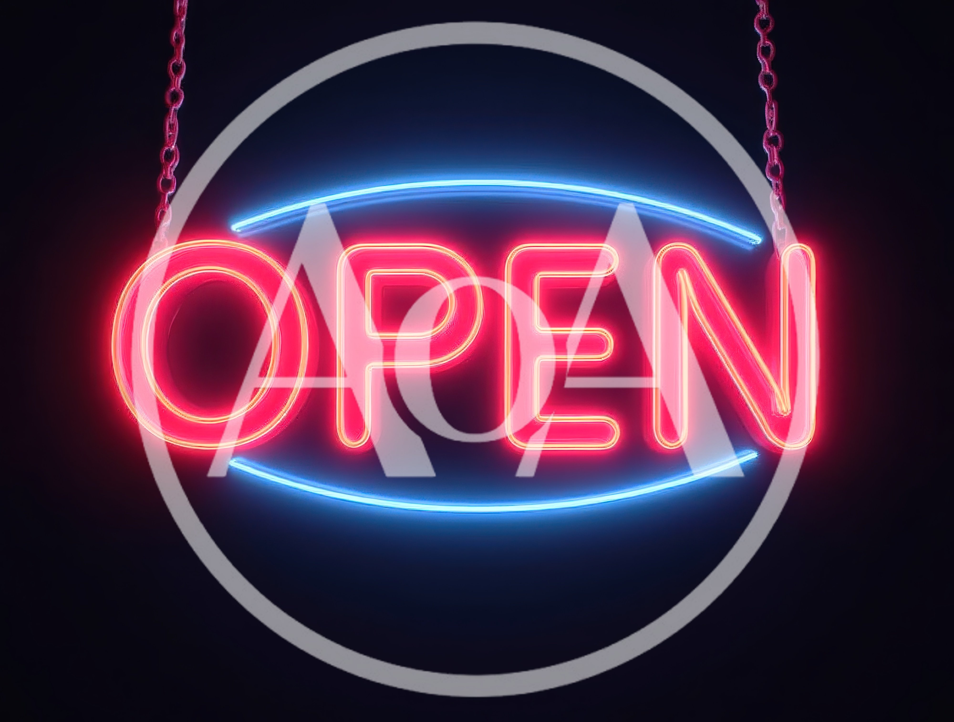 Glowing Red Neon Open Sign Hanging On Chains