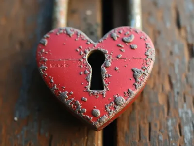 Red Heart Shaped Padlock On Wooden Surface