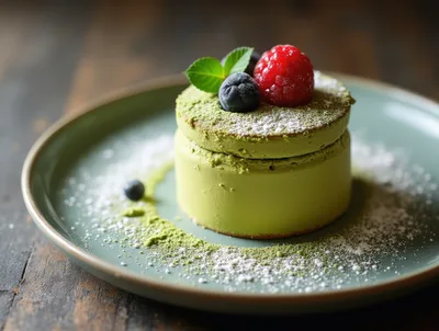 Matcha Souffle Pancake With Fresh Berries On Plate
