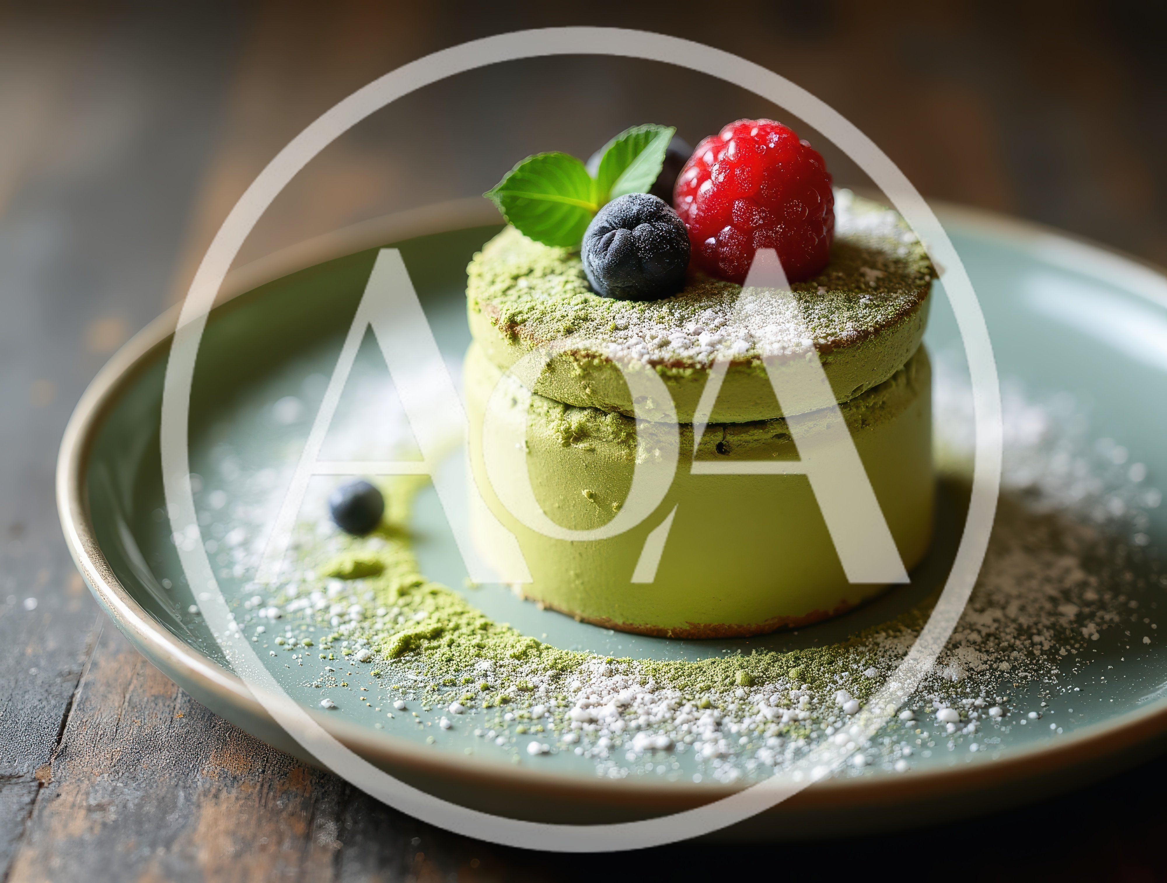 Matcha Souffle Pancake With Fresh Berries On Plate