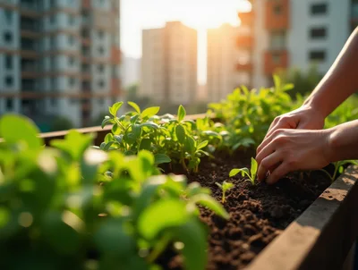 Person Planting Seedlings In An Urban Balcony Garden