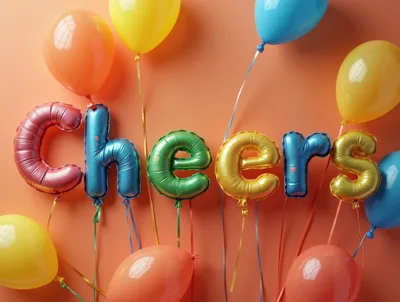 Colorful Balloon Letters Spelling Cheers on Orange Background