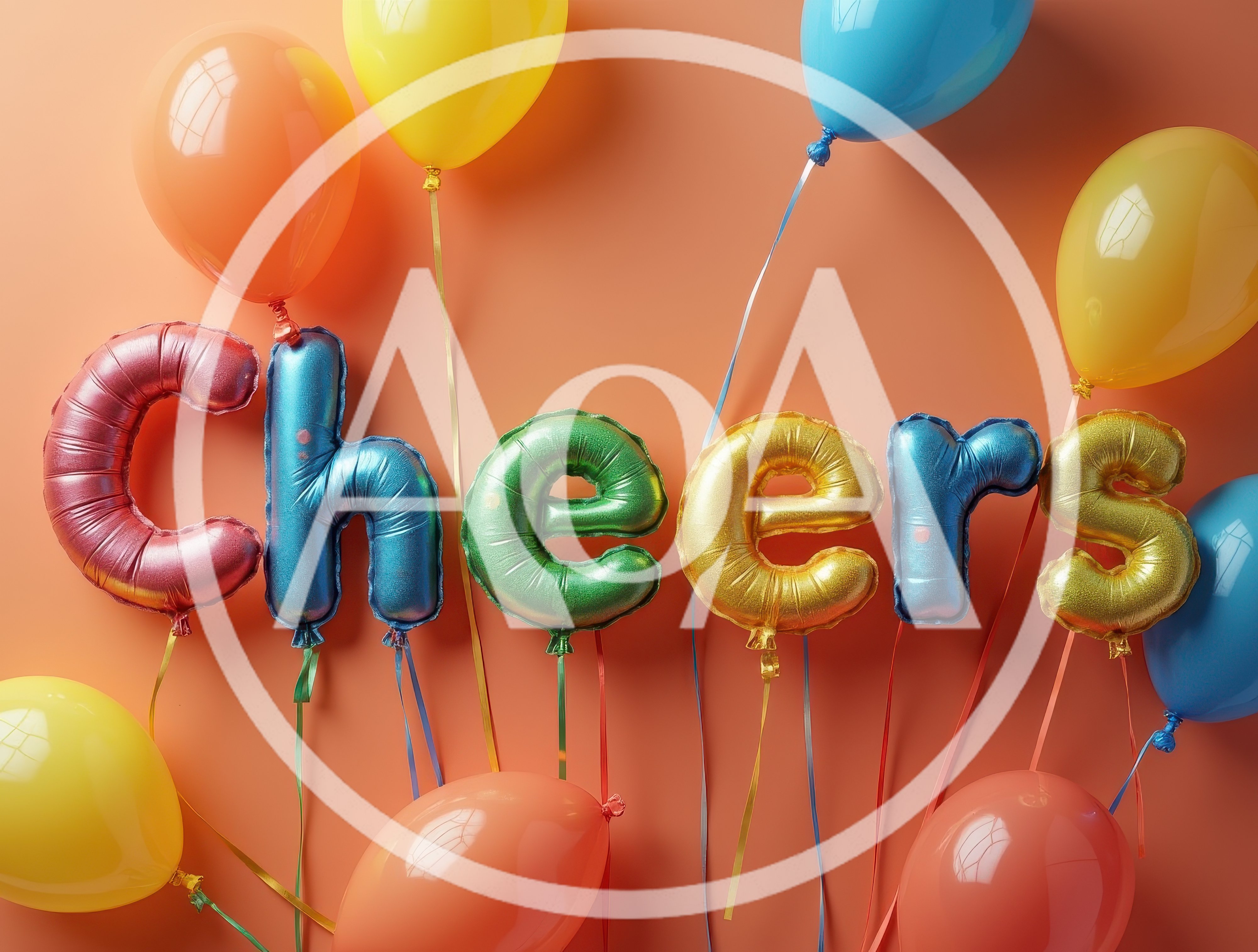 Colorful Balloon Letters Spelling Cheers on Orange Background