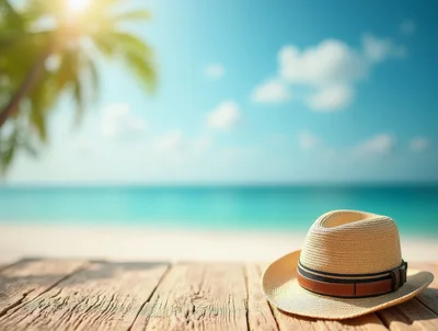 Straw Fedora Hat Resting On A Weathered Wooden Table