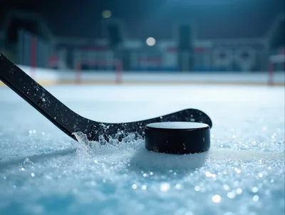 Ice Hockey Stick And Puck On Frozen Rink