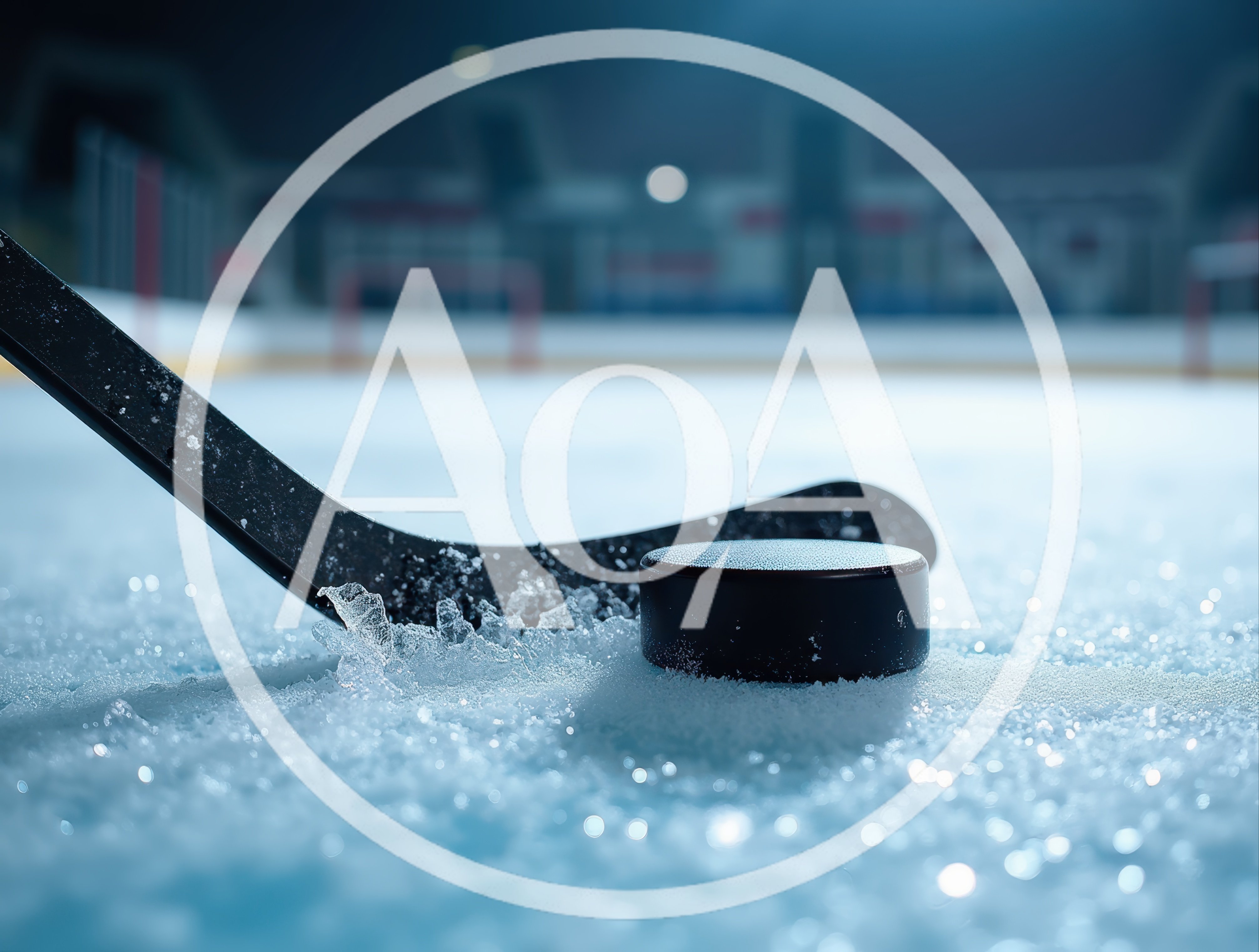 Ice Hockey Stick And Puck On Frozen Rink