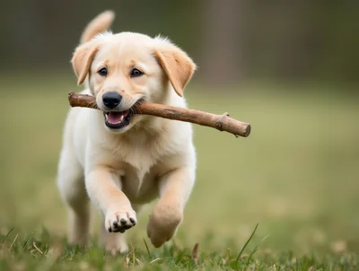 Golden Retriever Puppy Running With A Stick