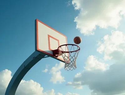 Basketball Flying Toward Hoop Against Blue Sky