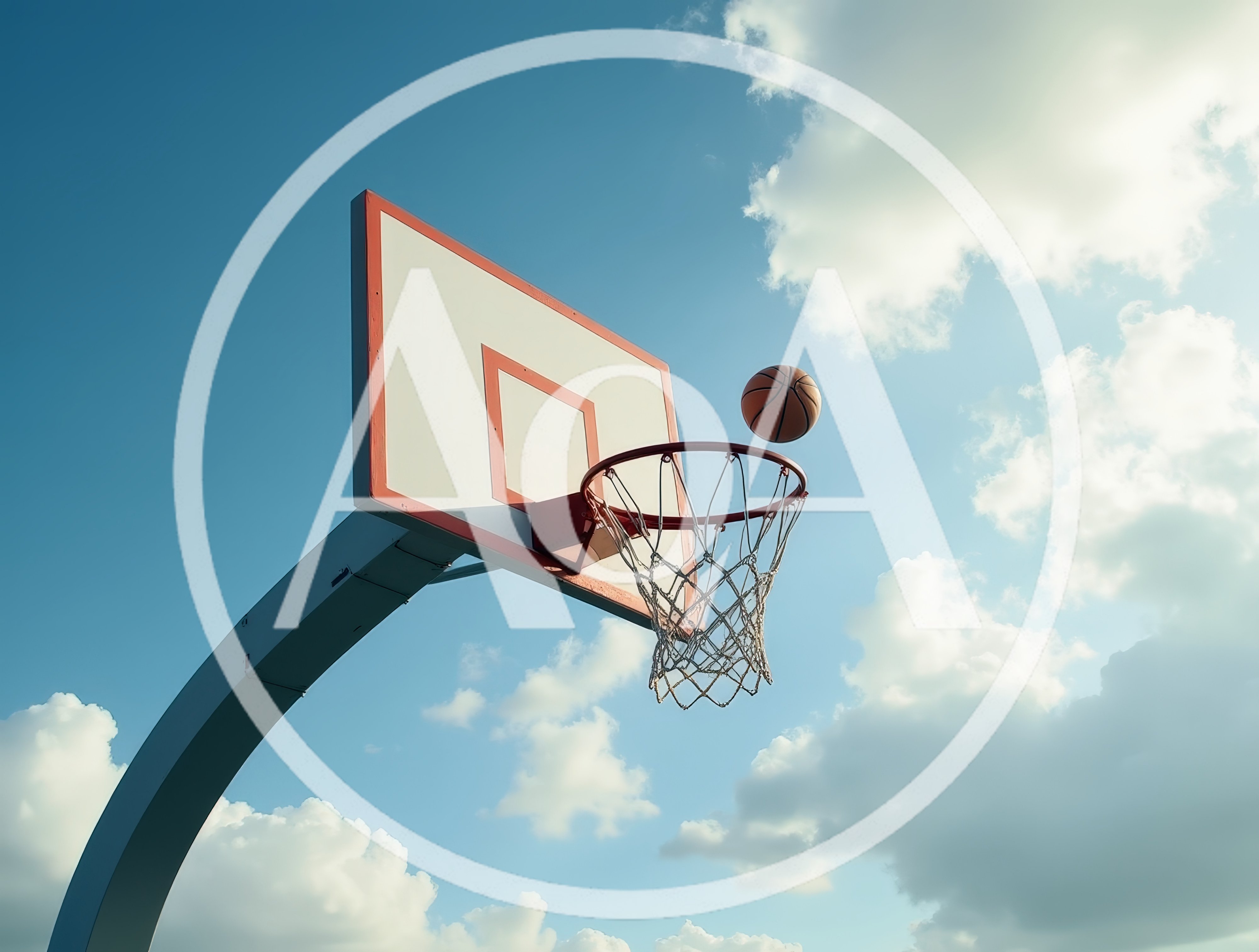 Basketball Flying Toward Hoop Against Blue Sky