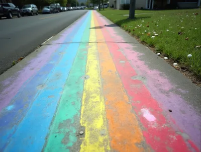 Rainbow Painted Sidewalk Along A Suburban Street