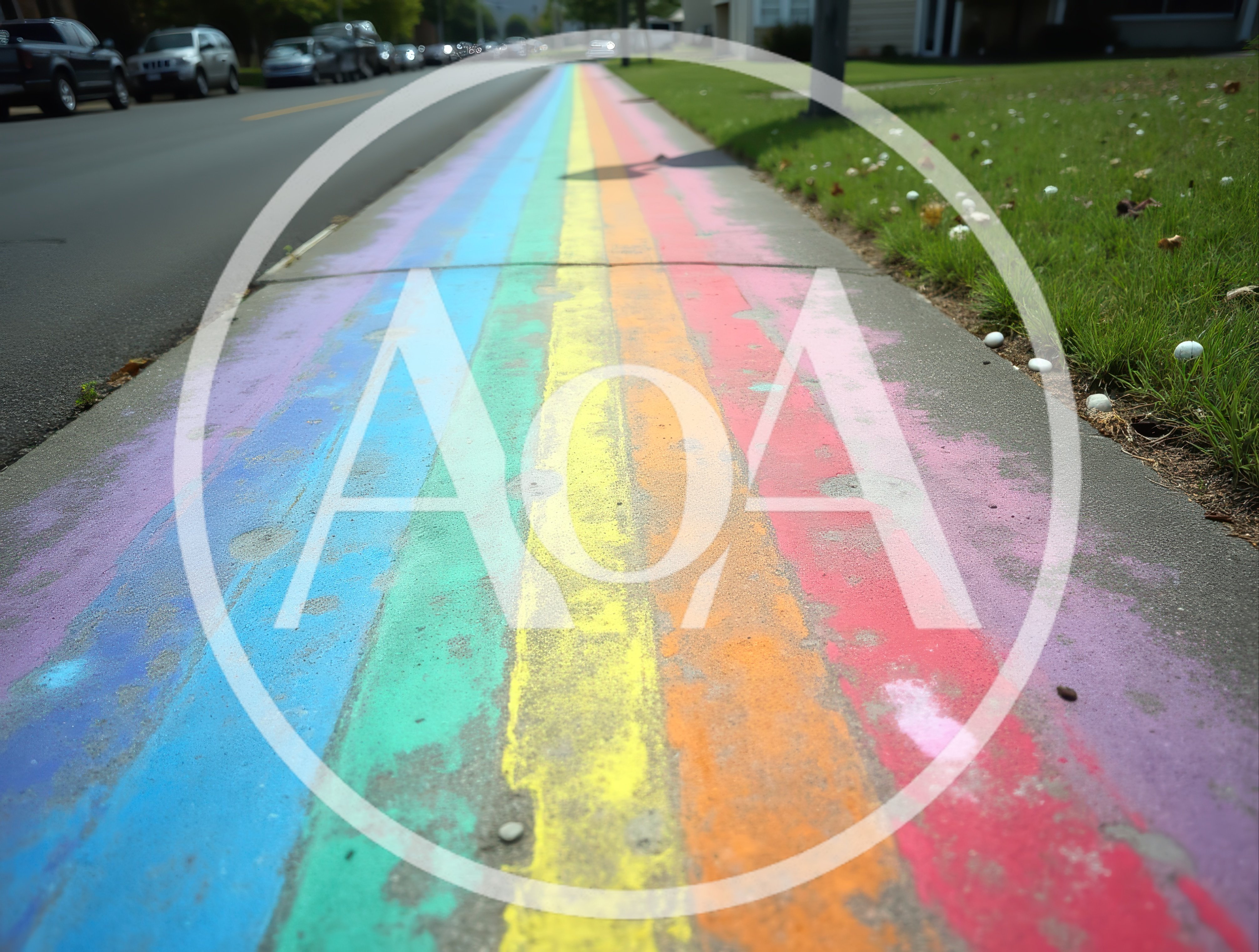 Rainbow Painted Sidewalk Along A Suburban Street