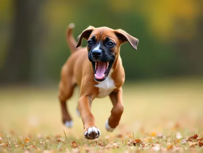 Happy Boxer Puppy Running Through Autumn Leaves