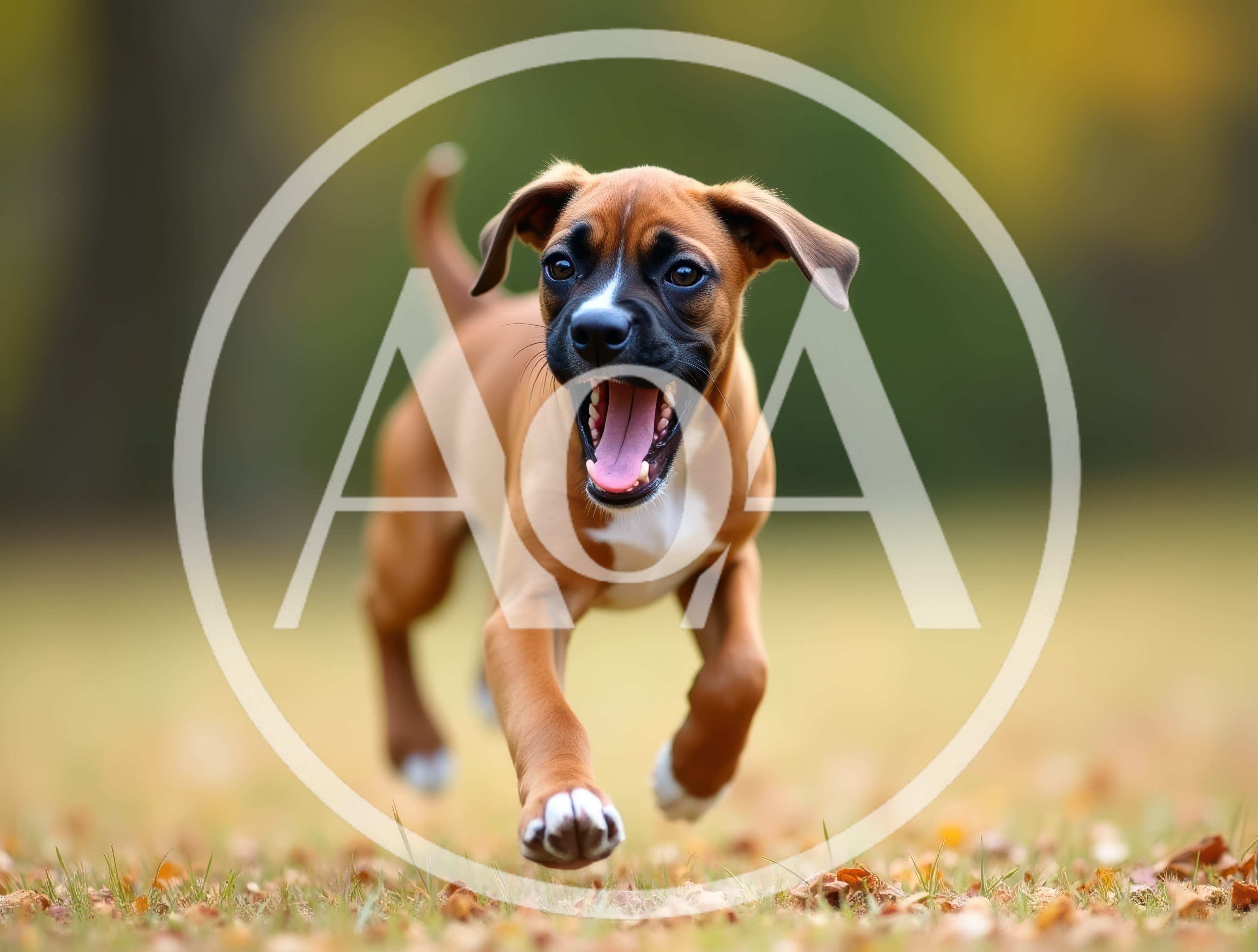 Happy Boxer Puppy Running Through Autumn Leaves