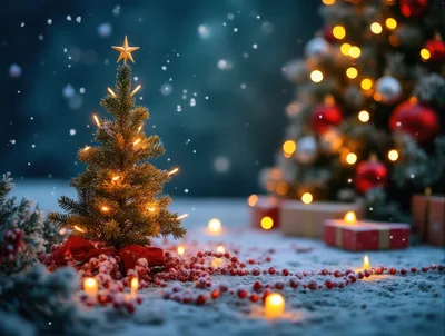 Small Decorated Christmas Tree With Gifts In Snow