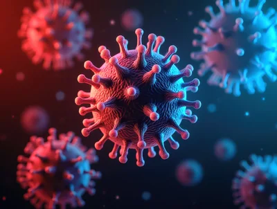 3D Rendered Coronavirus Particles Under Microscope