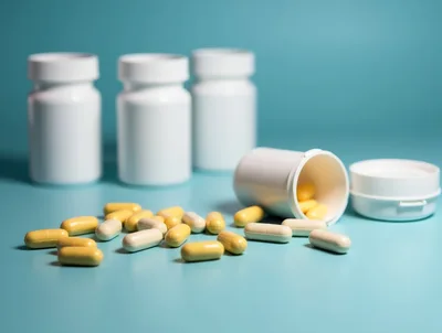 Yellow and White Capsules Spilled From Pill Bottle