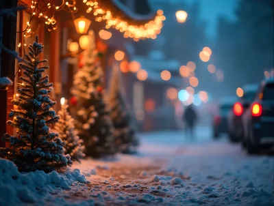 Snowy Christmas Street Scene With Decorated Pine Trees