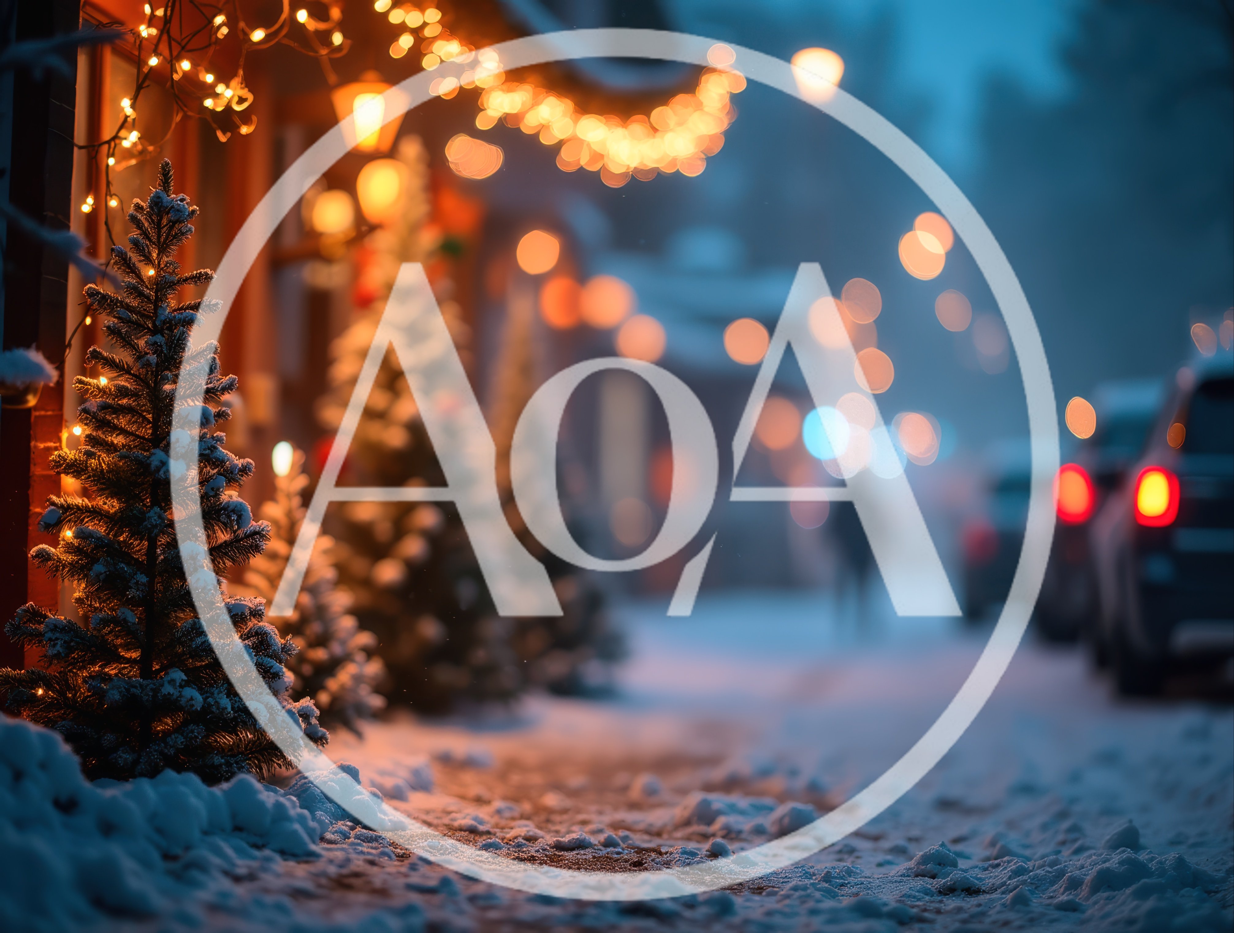 Snowy Christmas Street Scene With Decorated Pine Trees