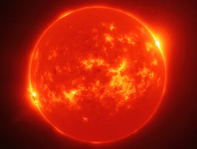 Glowing Red Sun Surface With Solar Flares