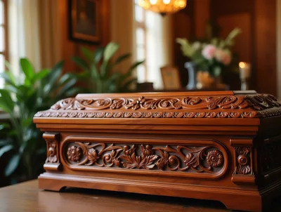 Ornate Wooden Casket Resting In A Funeral Parlor