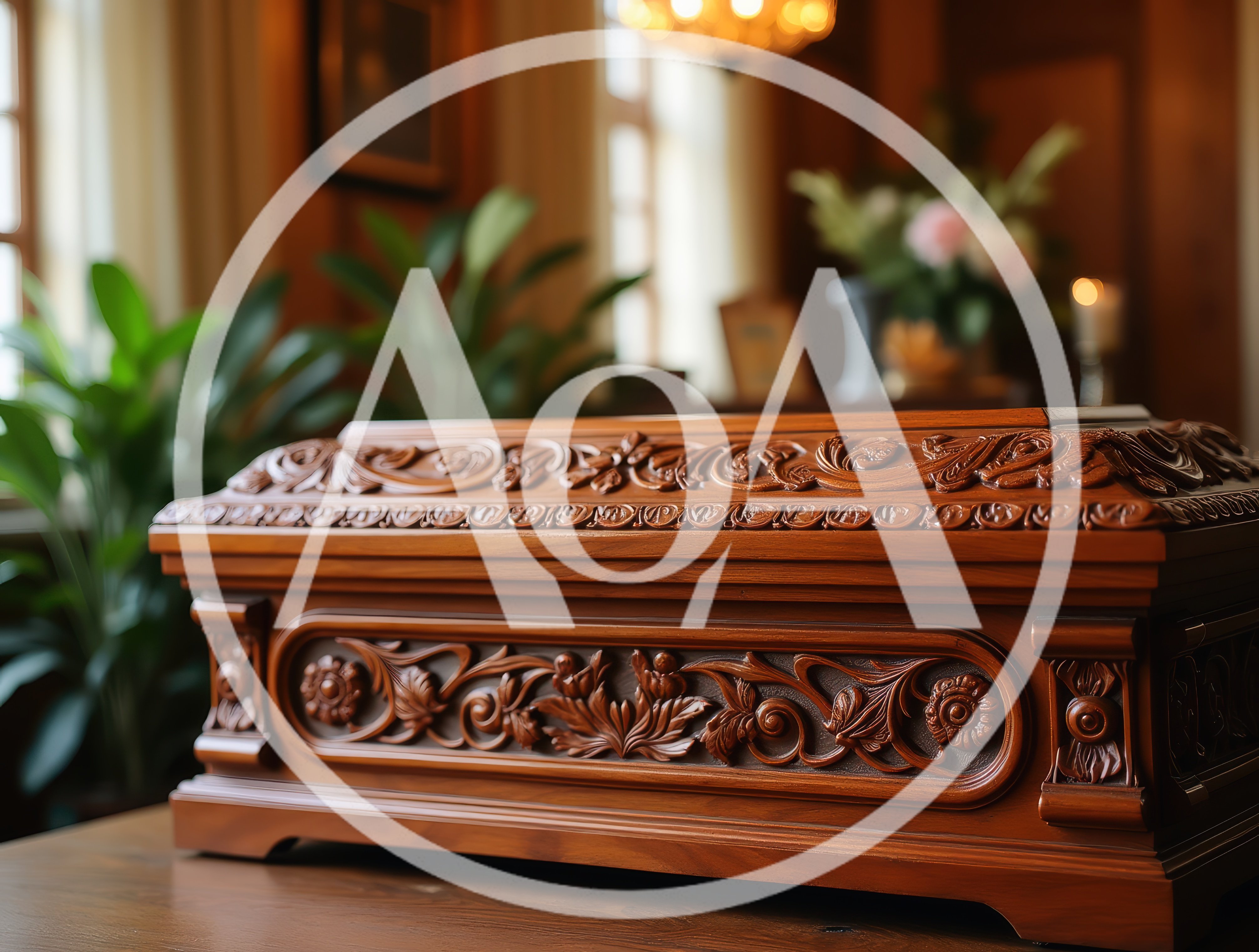 Ornate Wooden Casket Resting In A Funeral Parlor