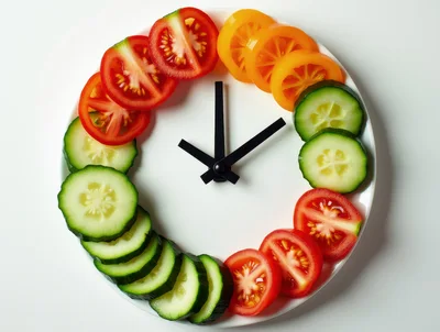 Vegetable Clock Made Of Sliced Tomatoes And Cucumbers