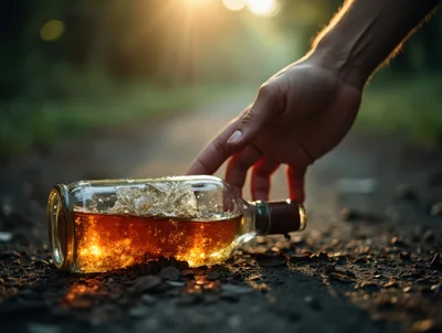 Hand Reaching For A Fallen Bottle Of Alcohol