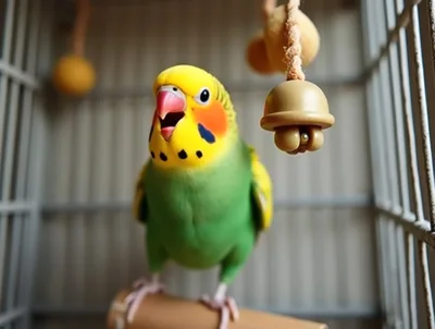 Green And Yellow Budgerigar Perched In A Cage