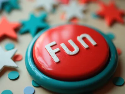 Red Fun Button Surrounded By Colorful Stars And Confetti