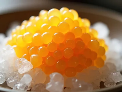 Fresh Golden Salmon Roe Served On Crushed Ice