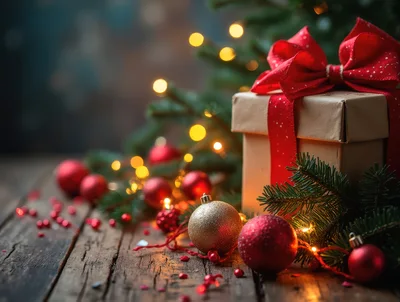 Christmas Gift Box With Ornaments On Wooden Table