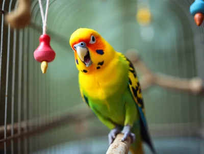 Colorful Budgerigar Parrot Perched Inside A Birdcage