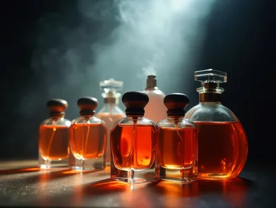 Luxury Perfume Bottles Arranged on a Dark Surface