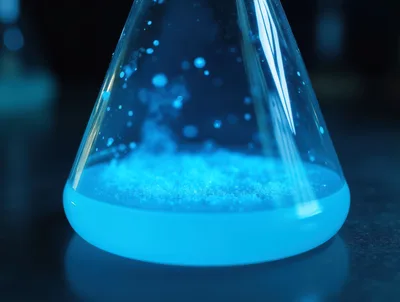 Glowing Blue Chemical Reaction In Laboratory Flask