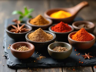 Assorted Spices in Small Bowls on Slate Board
