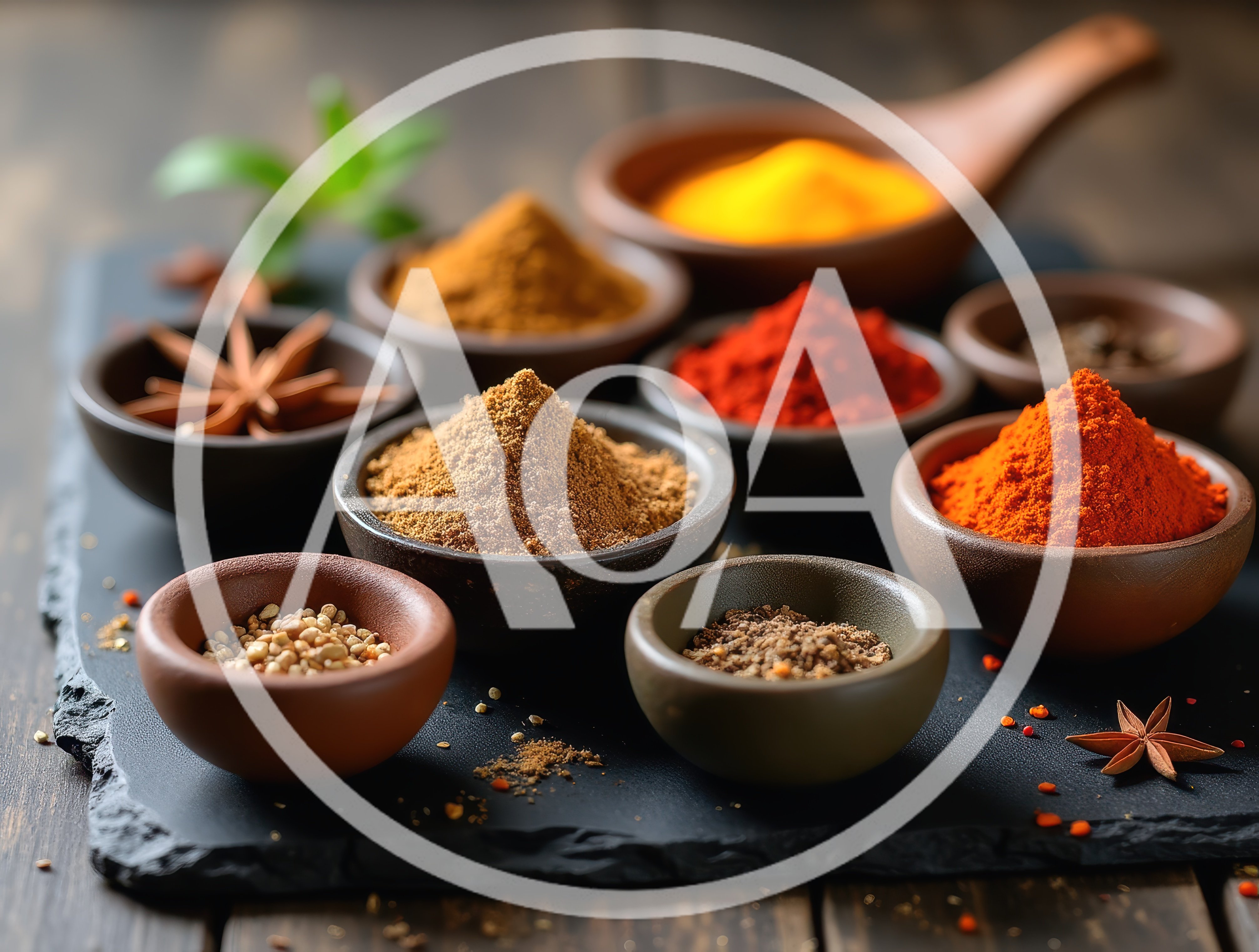 Assorted Spices in Small Bowls on Slate Board