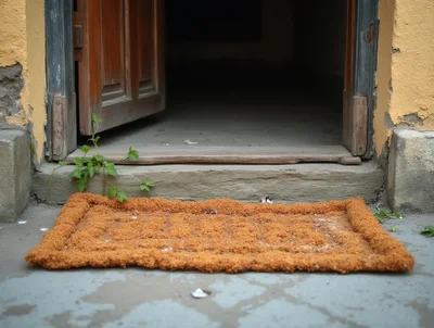 Old Wooden Doorway With A Worn Doormat