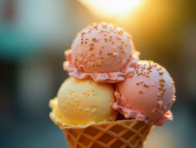 Three Scoops Of Ice Cream In A Waffle Cone
