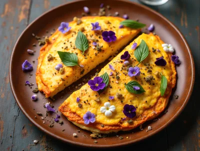 Gourmet Omelet Garnished With Edible Flowers And Herbs