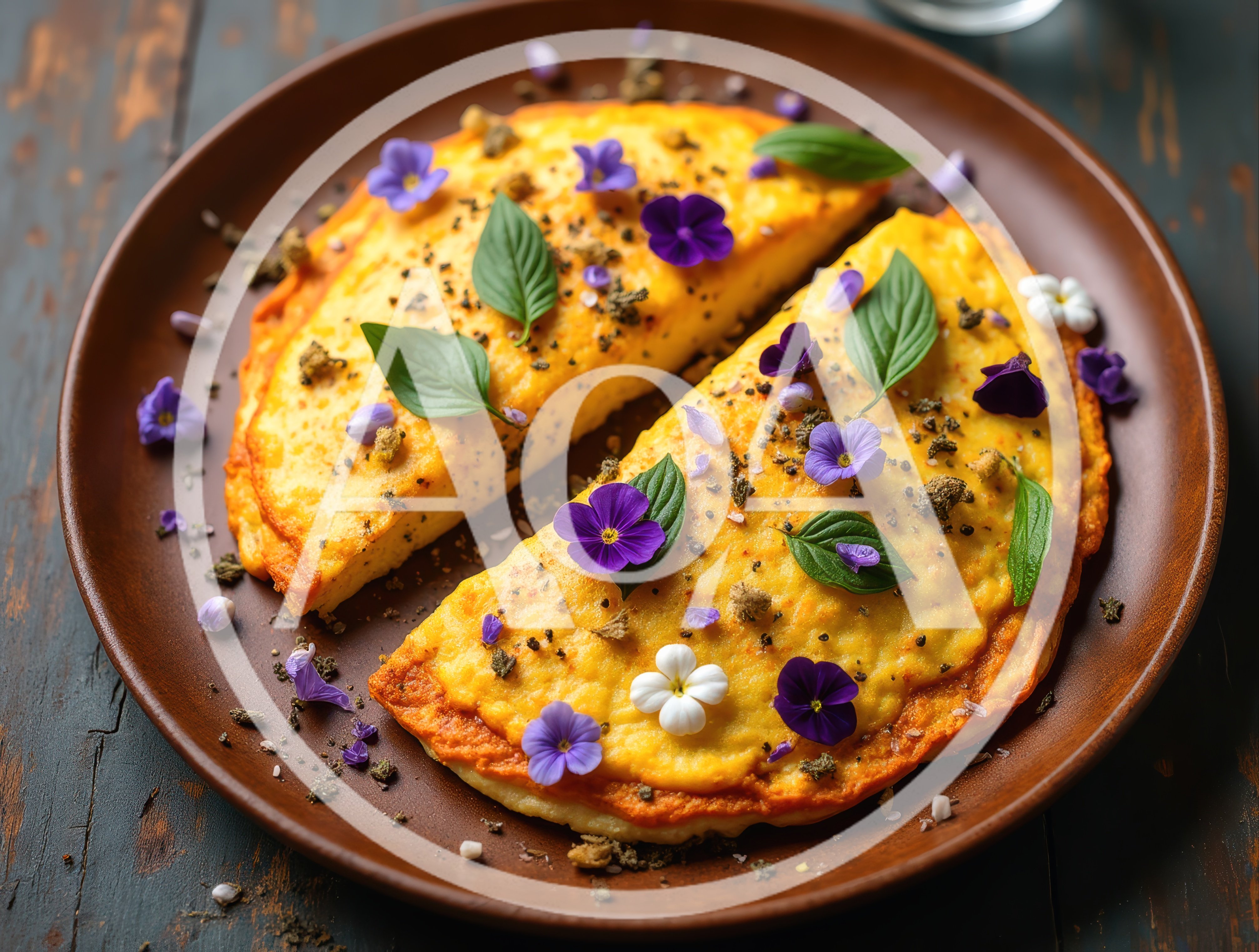 Gourmet Omelet Garnished With Edible Flowers And Herbs